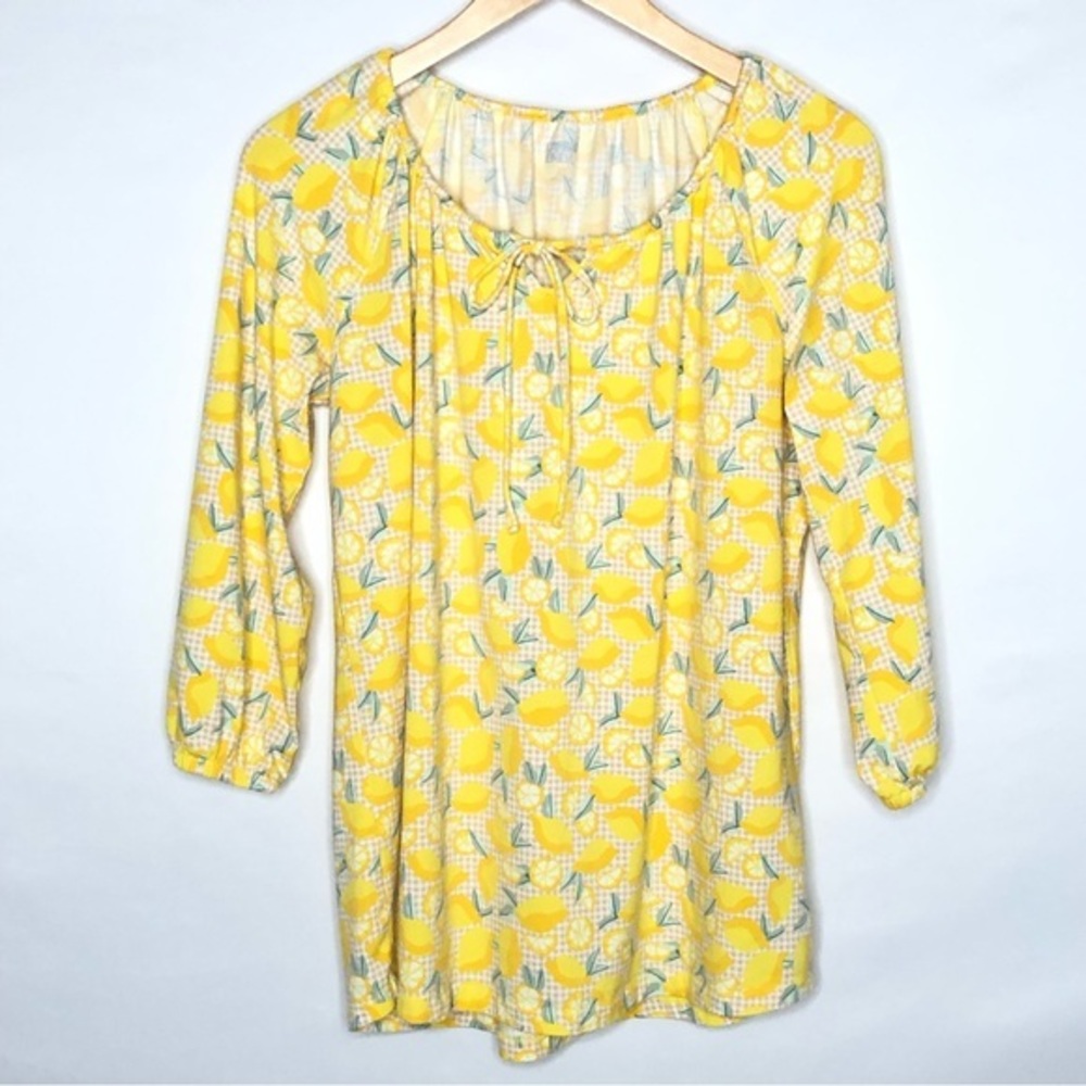 Lands’ End Lemon Print 3/4 Sleeve Top Size Large (14-16) Stretch Neck with Tie